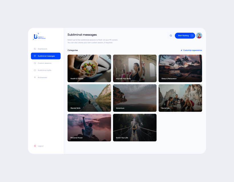 Homescreen of a desktop app for Lifeboard VR